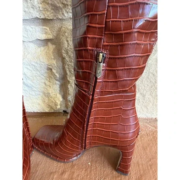 Sam Edelman RARE Raekel Croc-embossed Spiced Red Leather Block Heel Tall Boot 8M - Picture 8 of 11